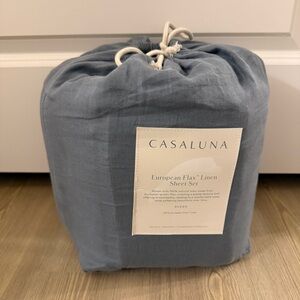 Casaluna EuropeanFlax Linen Sheet set Queen Mineral Blue
